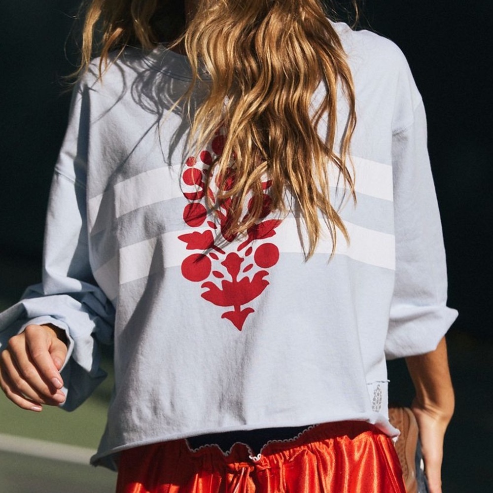 Free People Light Blue Long Sleeve Tee with Red Design
